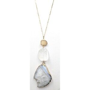 Serefina Necklace Druzy Agate Quartz Gold Tone Large Pendant Signed 15 inch 38g